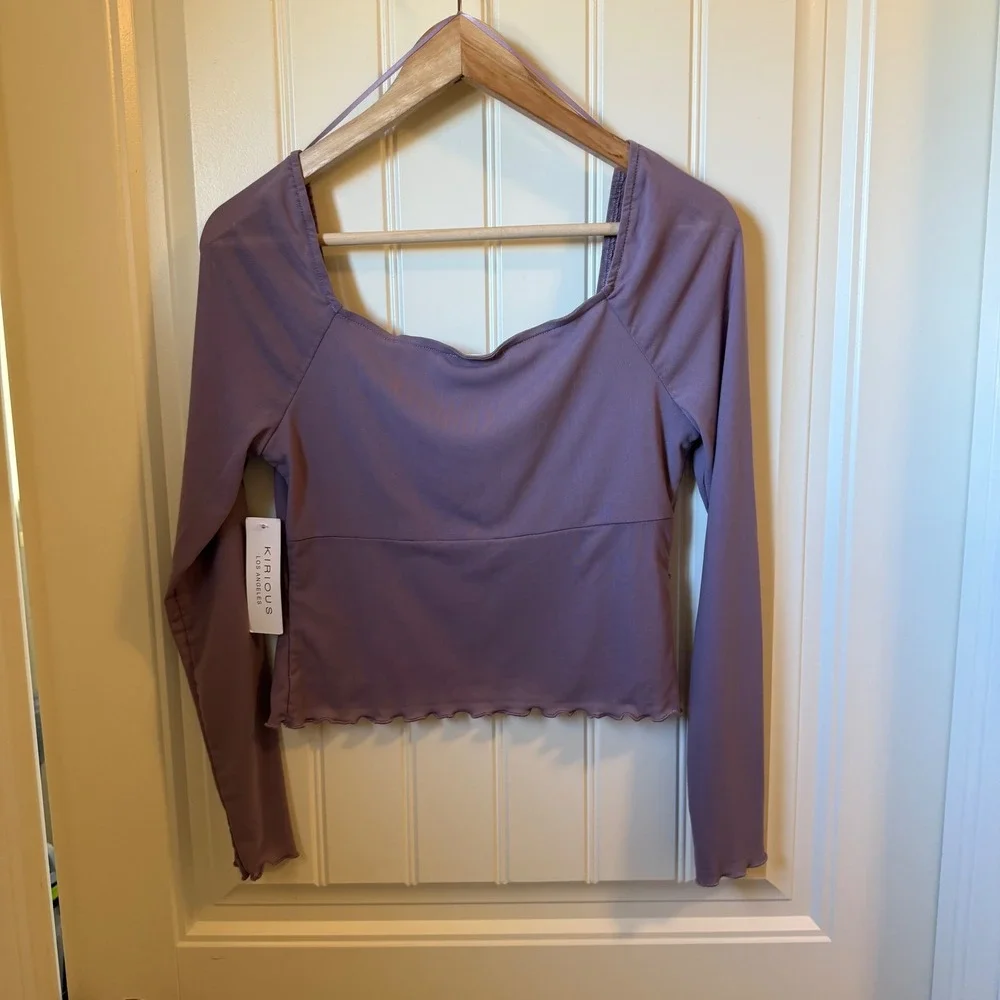 KIRIOUS‎ Los Angeles Purple Ruched Sweetheart Neckline Lettuce Trim Crop Top M